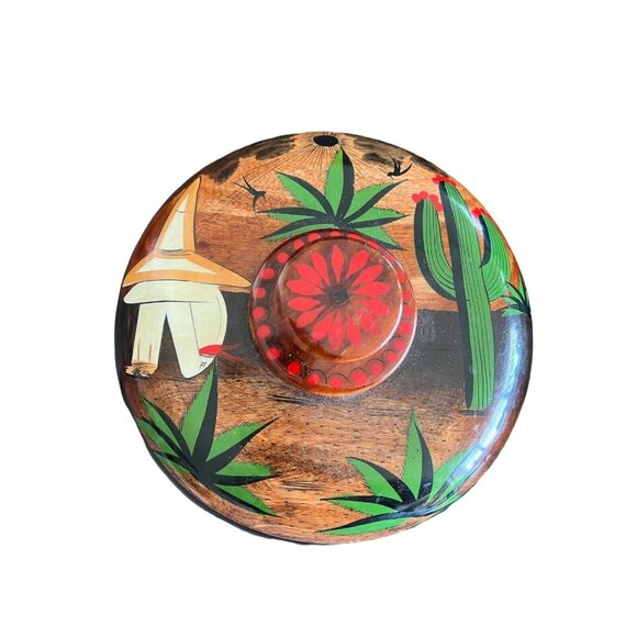 Mexican Folk Art Hand Painted Wood Bowl with Lid by Roberto C Rios - Picture 2 of 11